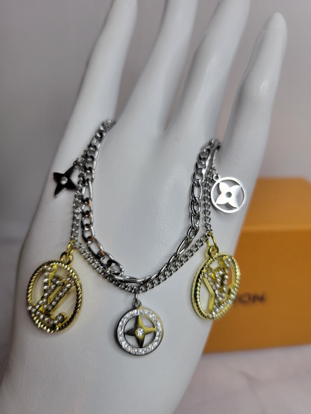 Stainless Steel Silver & Gold LV Crystal Zip Pull Bracelet